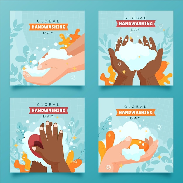 Free vector hand drawn flat global handwashing day instagram posts collection