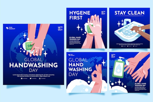 Hand drawn flat global handwashing day instagram posts collection