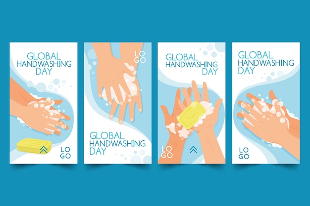 Free vector hand drawn flat global handwashing day instagram stories collection