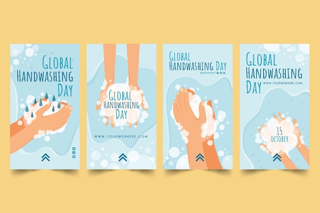 Vettore gratuito raccolta di storie di instagram per il giorno del lavaggio delle mani globale piatto disegnato a mano