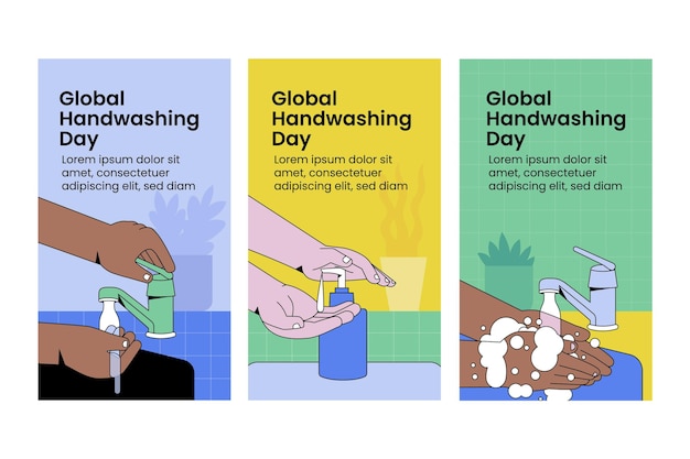 Hand drawn flat global handwashing day instagram stories collection