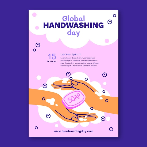 Ручной обращается плоский глобальный день мытья рук вертикальный флаер шаблон