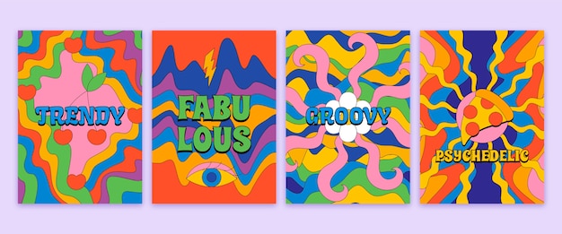 Hand drawn flat groovy psychedelic covers collection