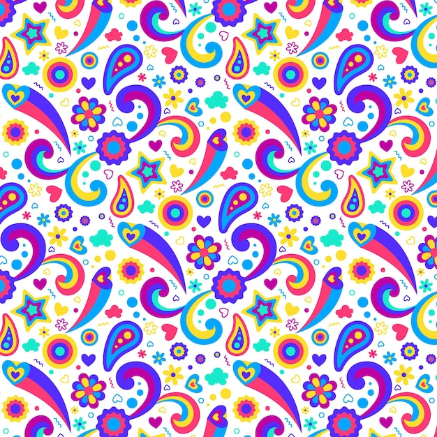 Hand drawn flat groovy psychedelic pattern design