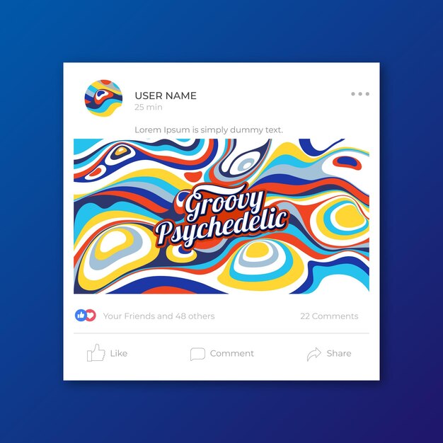 Hand drawn flat groovy psychedelic social media post template