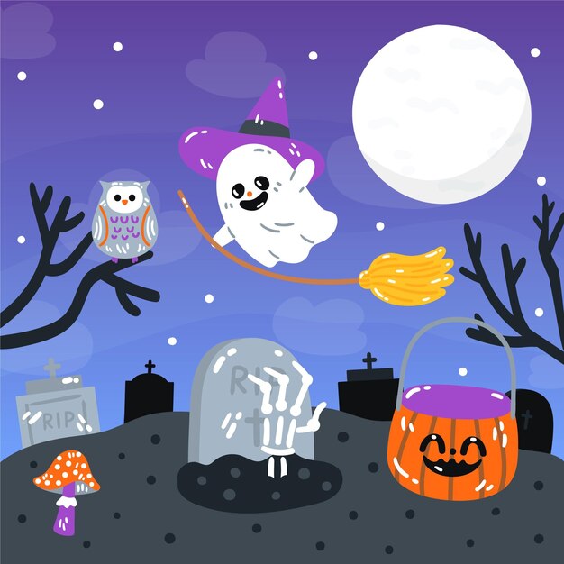 Hand drawn flat halloween background