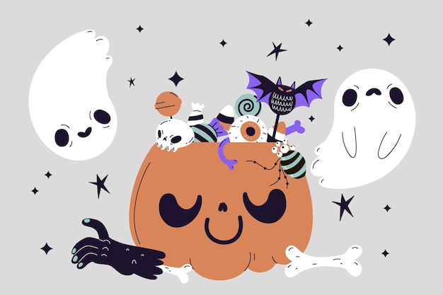 無料ベクター 手描きフラットハロウィンバッグイラスト