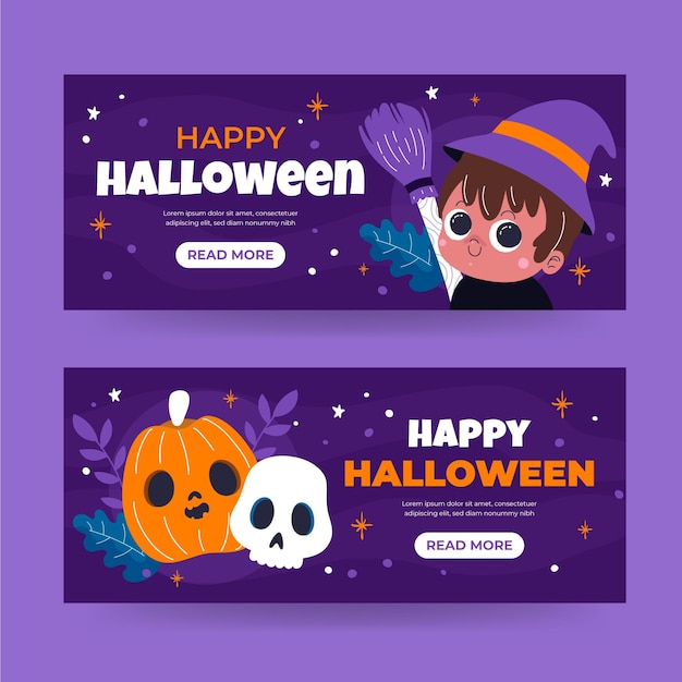 Set di banner di halloween piatto disegnato a mano