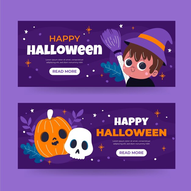 Hand drawn flat halloween banners set