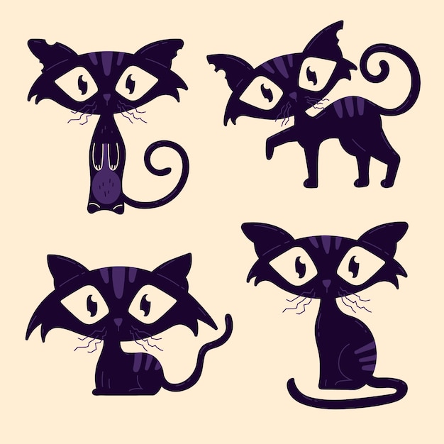 無料ベクター 手描きフラットハロウィン黒猫コレクション