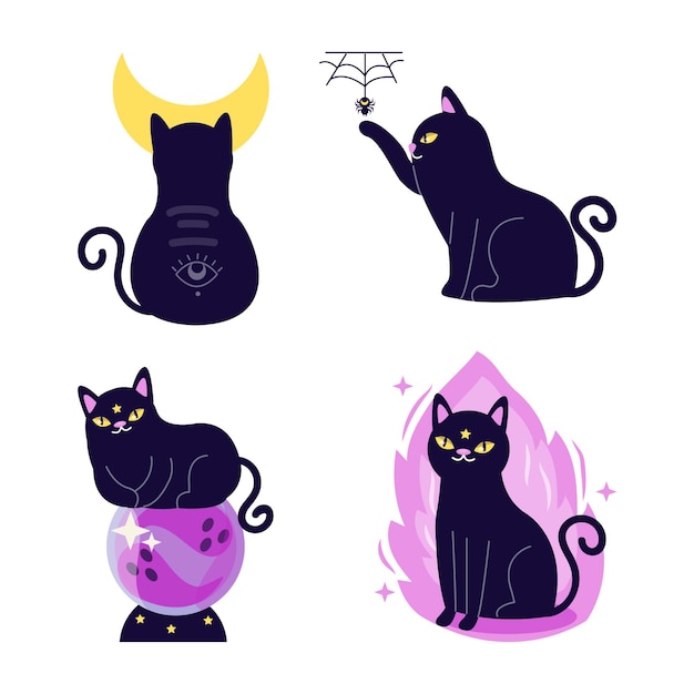 Free vector hand drawn flat halloween black cats collection