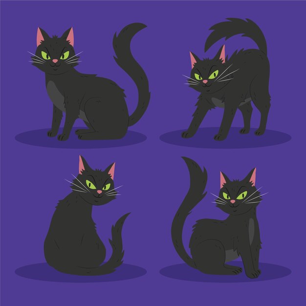 Hand drawn flat halloween black cats collection