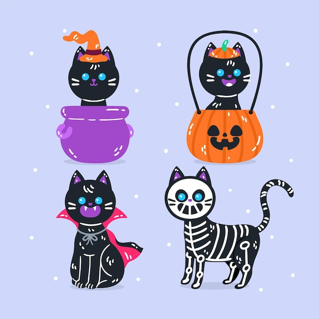 Vettore gratuito collezione di gatti neri di halloween piatto disegnato a mano