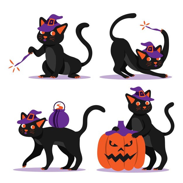 手描きフラットハロウィン黒猫コレクション