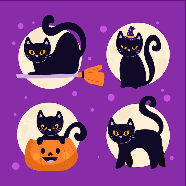 Hand drawn flat halloween black cats collection