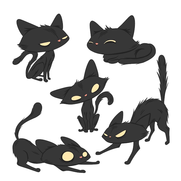 Коллекция рисованной плоских кошек на хэллоуин
