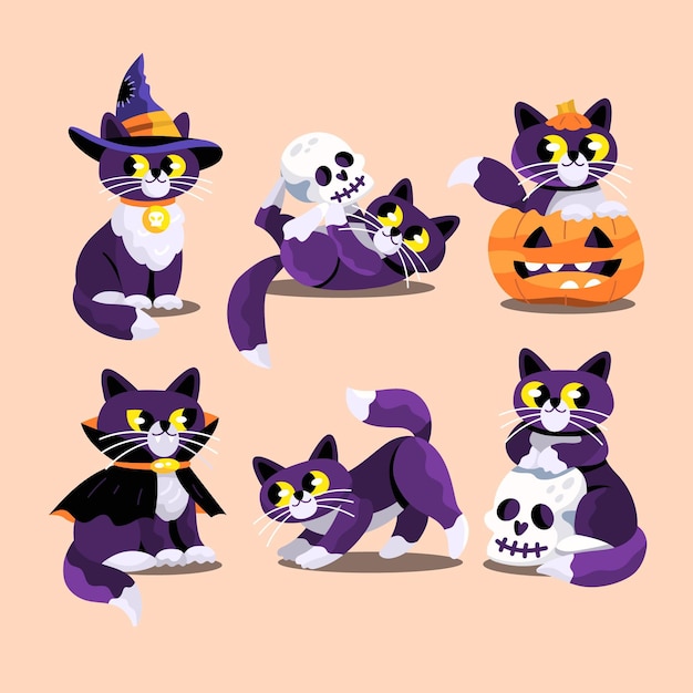 Hand drawn flat halloween black cats collection