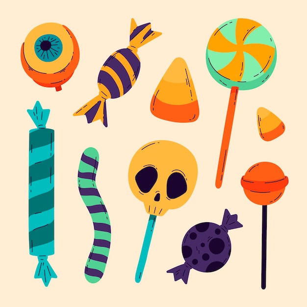 Free vector hand drawn flat halloween candy collection