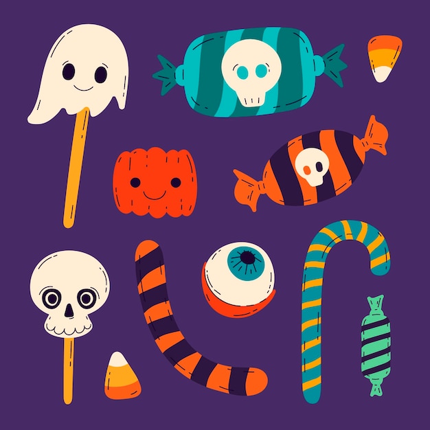 Free vector hand drawn flat halloween candy collection