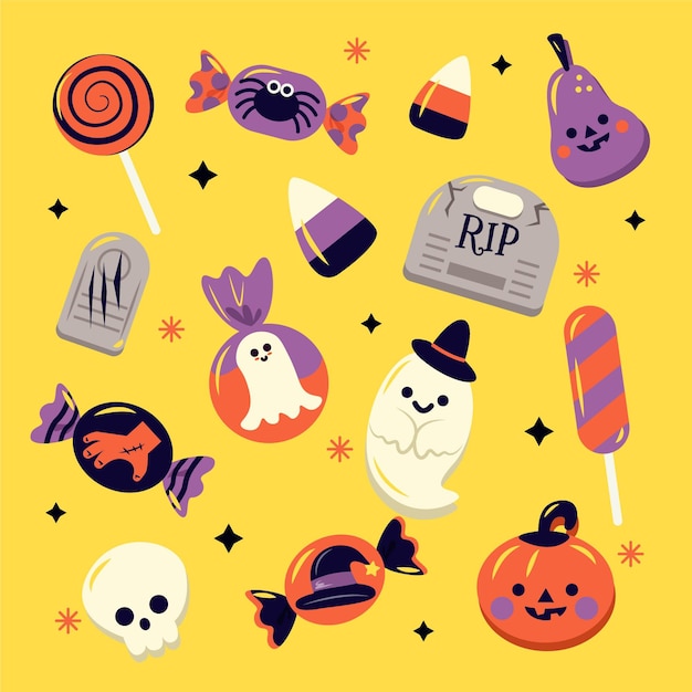 Hand drawn flat halloween candy collection