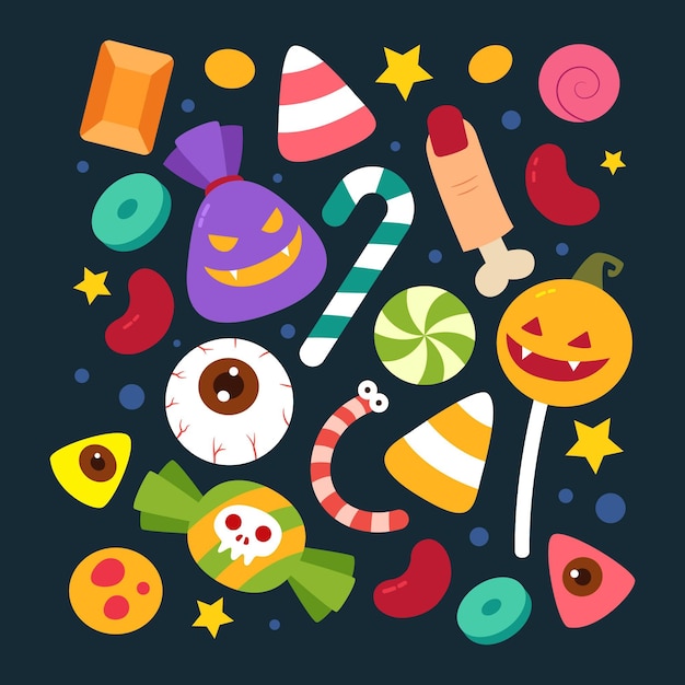 Free vector hand drawn flat halloween candy collection