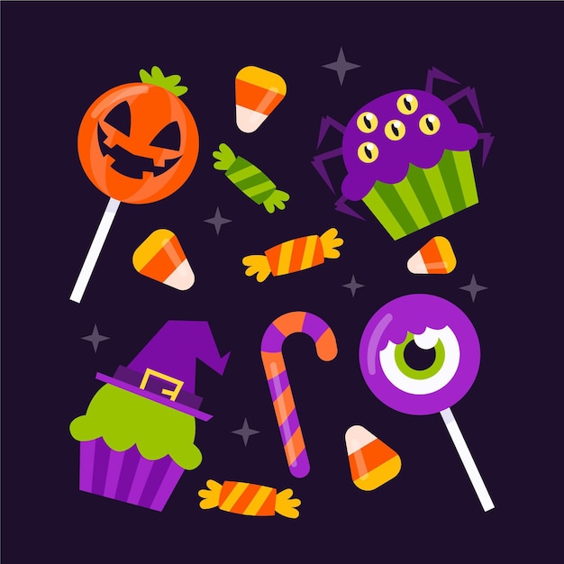 無料ベクター 手描きフラットハロウィンキャンディーコレクション