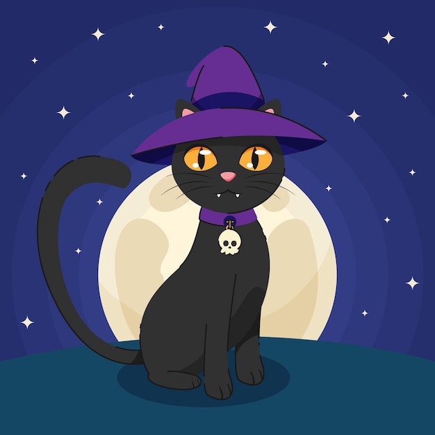 無料ベクター 手描きフラットハロウィン猫イラスト