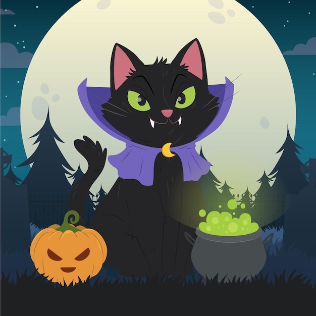 Illustrazione disegnata a mano del gatto di halloween piatto