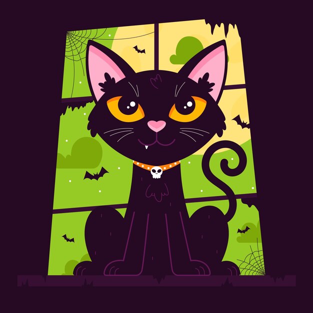 Hand drawn flat halloween cat illustration