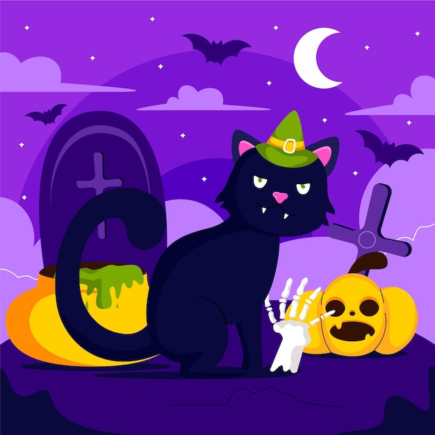 手描きフラットハロウィン猫イラスト