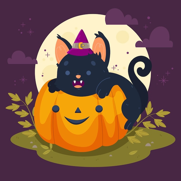 Vettore gratuito illustrazione disegnata a mano del gatto di halloween piatto