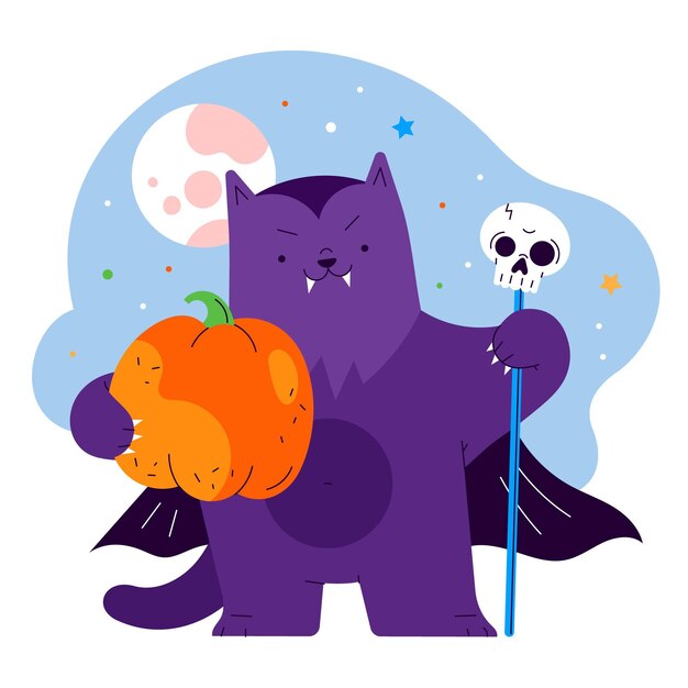 手描きフラットハロウィン猫イラスト