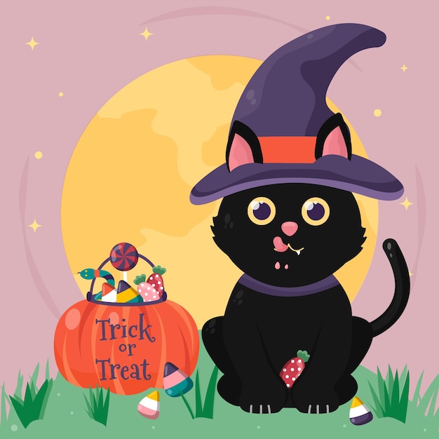 Hand drawn flat halloween cat illustration