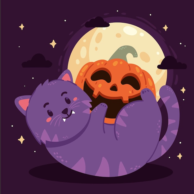 Illustrazione disegnata a mano del gatto di halloween piatto