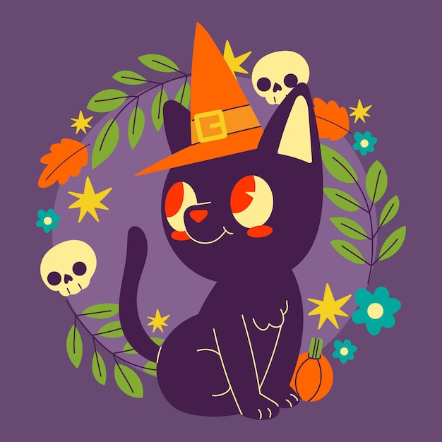 Vettore gratuito illustrazione disegnata a mano del gatto di halloween piatto