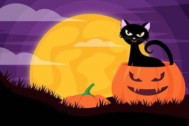 Hand drawn flat halloween cat illustration