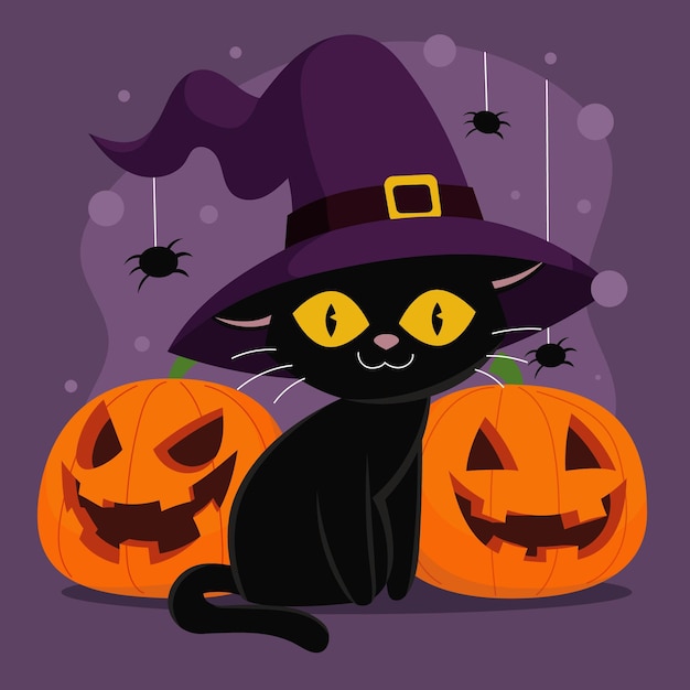 Hand drawn flat halloween cat illustration