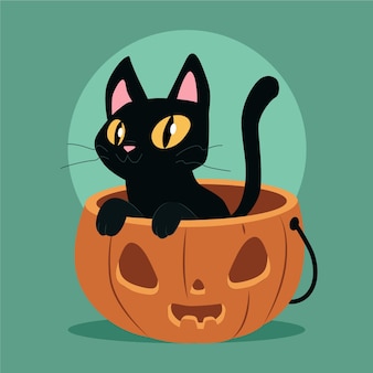 Hand drawn flat halloween cat illustration