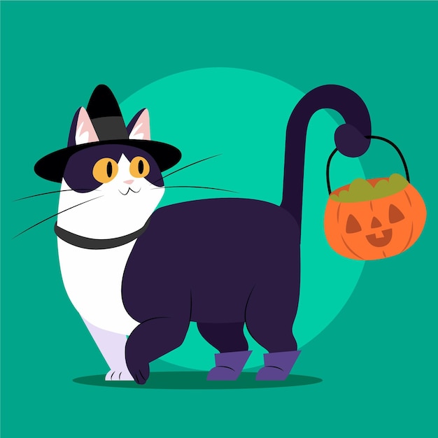 手描きフラットハロウィン猫イラスト