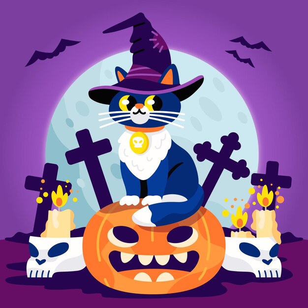 Hand drawn flat halloween cat illustration