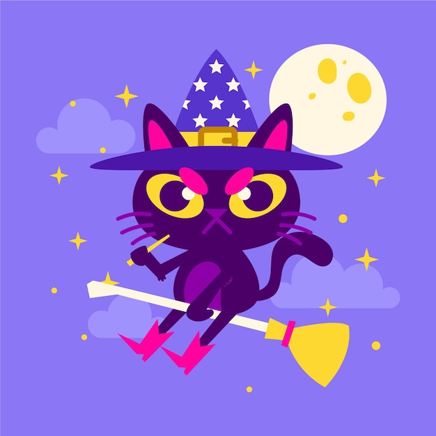 Hand drawn flat halloween cat illustration