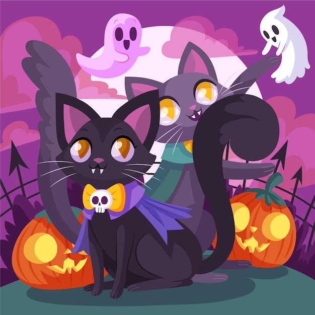 無料ベクター 手描きフラットハロウィン猫イラスト