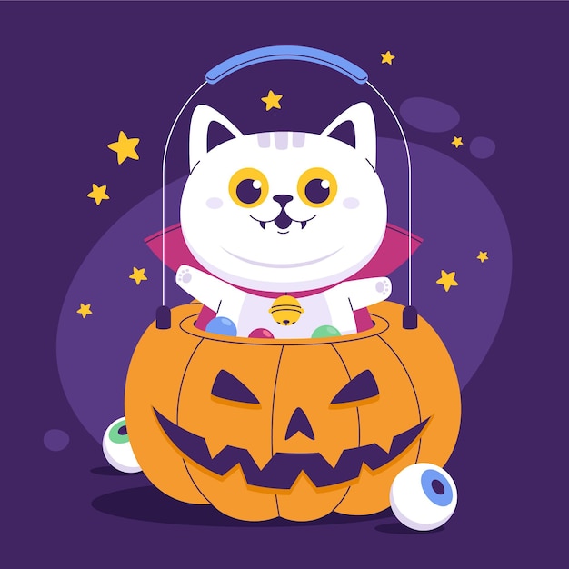 無料ベクター 手描きフラットハロウィン猫イラスト