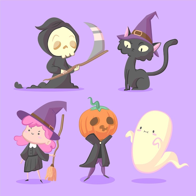 Коллекция рисованной плоских персонажей хэллоуина