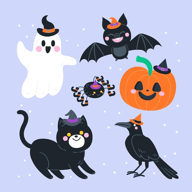 Hand drawn flat halloween characters collection