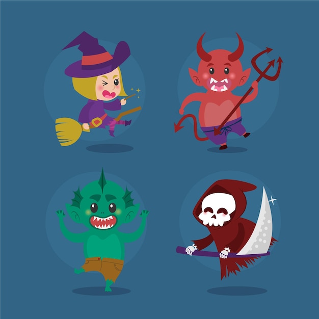 Free vector hand drawn flat halloween characters collection