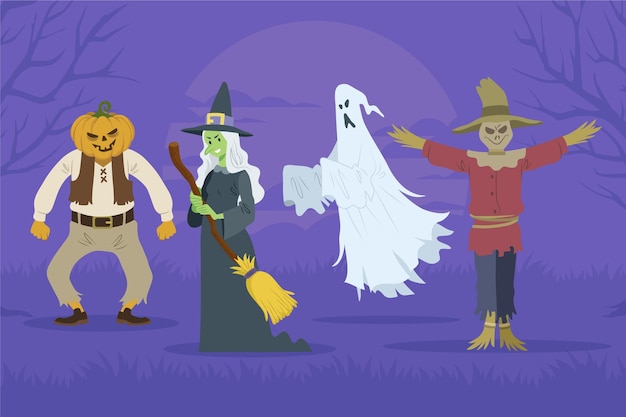 Hand drawn flat halloween characters collection