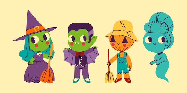 Hand drawn flat halloween characters collection