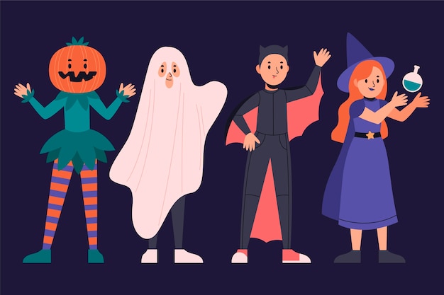 Hand drawn flat halloween costumes collection