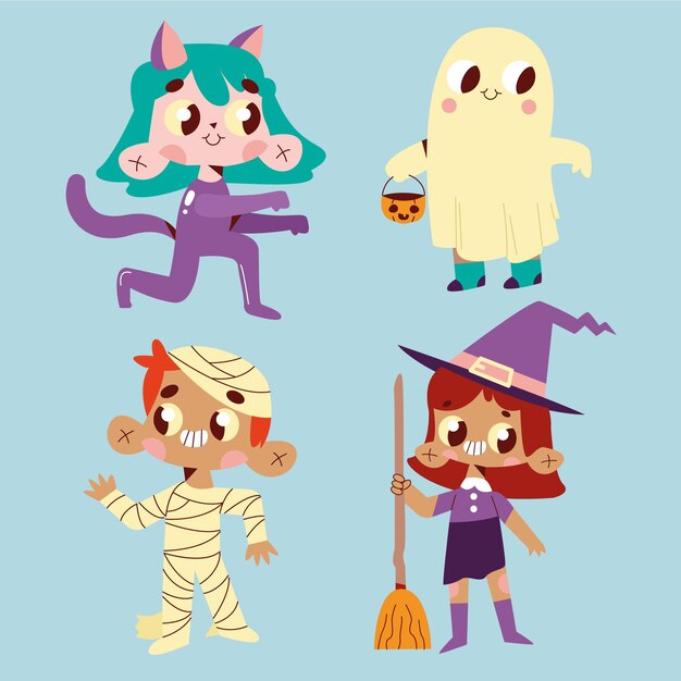 Hand drawn flat halloween costumes collection